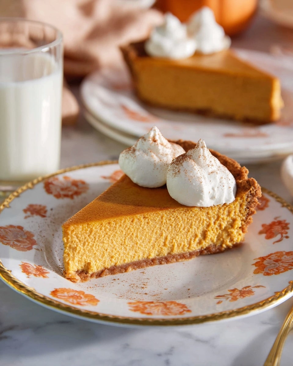 A slice of pumpkin pie sits on a white plate with orange floral patterns and a gold rim, showing two layers: a light brown crust on the bottom and a thick orange pumpkin filling on top, smooth and dense in texture. Two dollops of white whipped cream, dusted lightly with brown cinnamon, rest evenly spaced on the top edge of the pie slice. Behind the slice is a white glass of milk and a blurred background with another plate holding a similar pie slice with whipped cream, set on a white marbled surface. The scene includes a soft, warm light that highlights the pie’s texture and colors. photo taken with an iphone --ar 4:5 --v 7