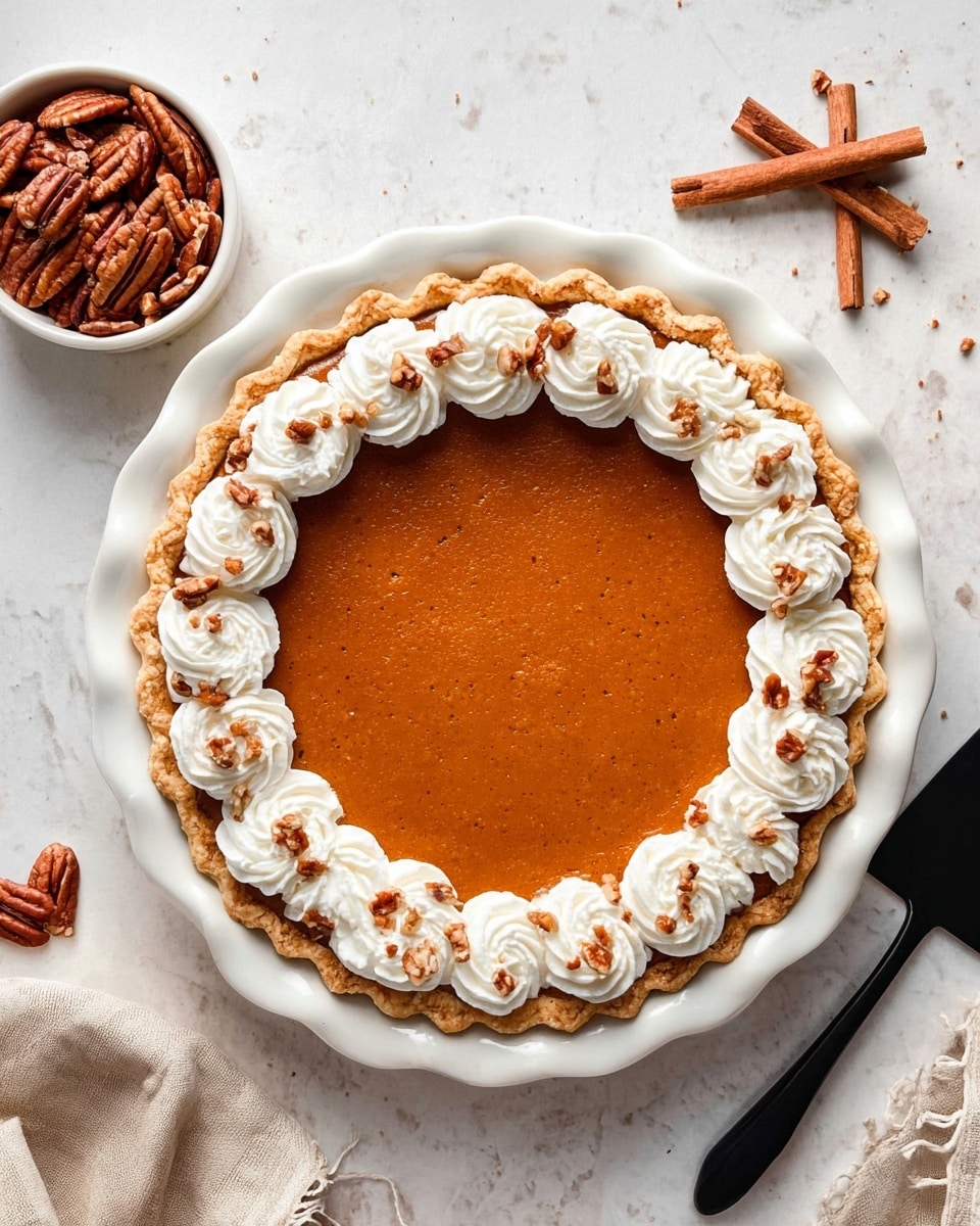 A pumpkin pie with a golden-brown crust sits in a white pie dish with scalloped edges. The pie filling is smooth and orange-brown, covering the middle layer, and around the edge is a ring of white whipped cream rosettes, each topped with small pieces of chopped pecans. To the left, a small white bowl holds whole pecans, and more pecans along with a few cinnamon sticks lay scattered on the white marbled surface. A black pie server is placed on the right side near the pie dish. photo taken with an iphone --ar 4:5 --v 7