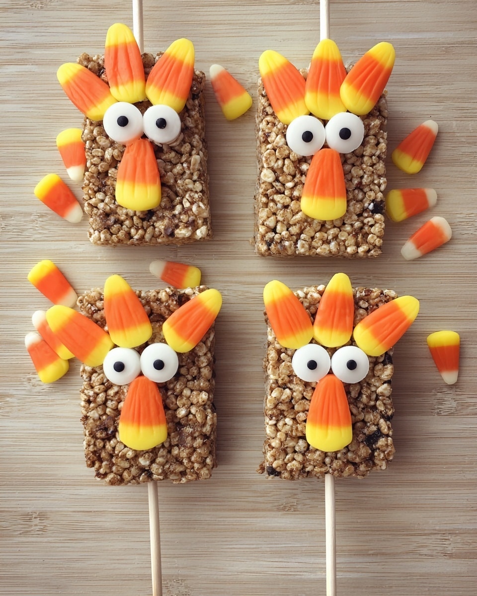 Four brown rice crispy treats shaped like rectangles sit on a light wooden surface, each on a white stick like a lollipop. The top edges of each treat are decorated with five orange, yellow, and white candy corn pieces arranged like feathers. Two round white candies with black dots are placed near the top center of each treat as eyes. An orange, yellow, and white candy corn is centered below the eyes to form a beak. Extra candy corn pieces are scattered around the treats on the surface. photo taken with an iphone --ar 4:5 --v 7