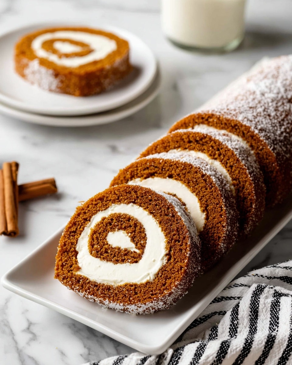 The image shows a sliced pumpkin roll cake on a white rectangular plate placed on a white marbled surface. The cake has a deep brown color with a soft texture, and it is rolled tightly with a thick, creamy white filling that spirals through the center of each slice. There are five visible slices, with the rolled cake end dusted lightly with powdered sugar. In the background, a single slice of the roll is on a white round plate next to a glass of milk. A piece of cinnamon stick is also visible on the white marbled surface near the plate. A white cloth with black stripes is partially visible at the bottom. photo taken with an iphone --ar 4:5 --v 7