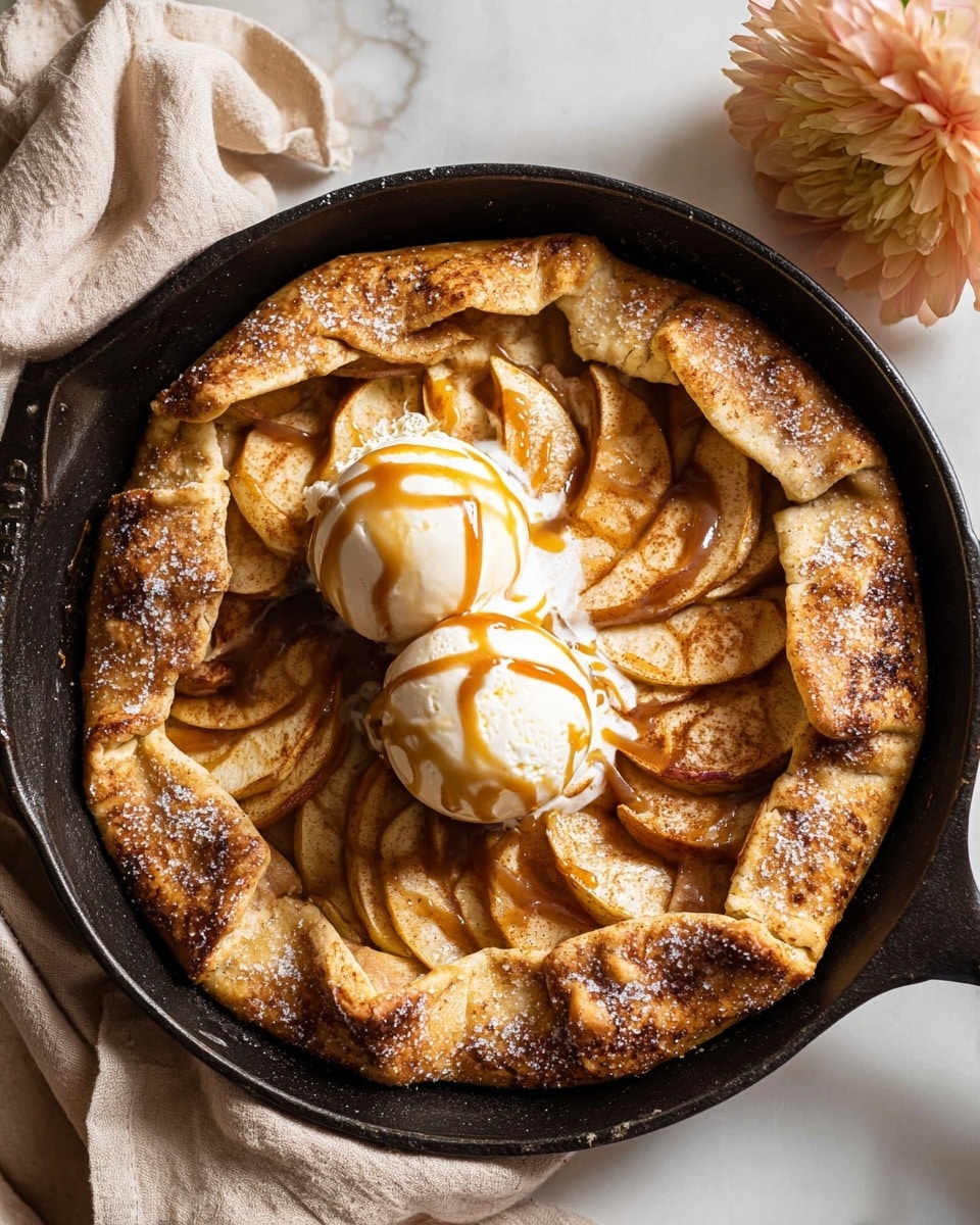 The image shows a close-up of a warm apple galette in a black cast iron skillet, placed on a white marbled surface. The galette has a thick, golden-brown, flaky crust sprinkled with coarse sugar, folded over a filling of soft, cinnamon-spiced apple slices arranged in a circular pattern. On top of the apples is a generous scoop of melting white creamy ice cream, slightly flowing and swirled with dark caramel sauce, creating a mix of white and deep brown colors on the fruit. The textures are inviting, with the crust looking crisp and buttery, the apple slices tender and juicy, and the creamy ice cream smooth and melting. Photo taken with an iphone --ar 4:5 --v 7