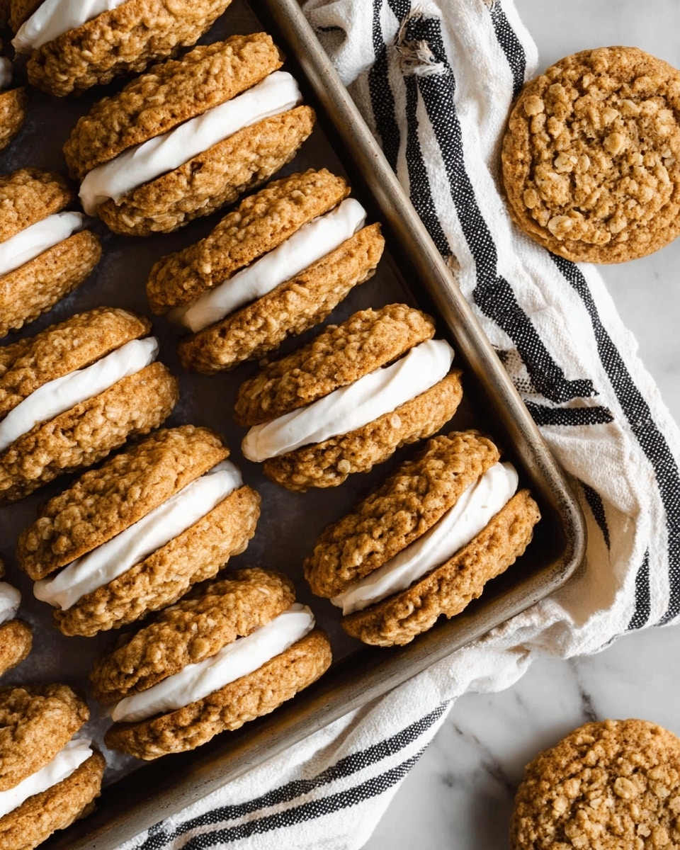 A baking tray filled with oatmeal cream pies arranged neatly inside, each pie has two rough-textured, golden-brown oatmeal cookie layers sandwiching a smooth, thick layer of white cream in the middle; nearby, a few oatmeal cream pies rest on a white cloth with black stripes, all set on a white marbled surface. photo taken with an iphone --ar 4:5 --v 7