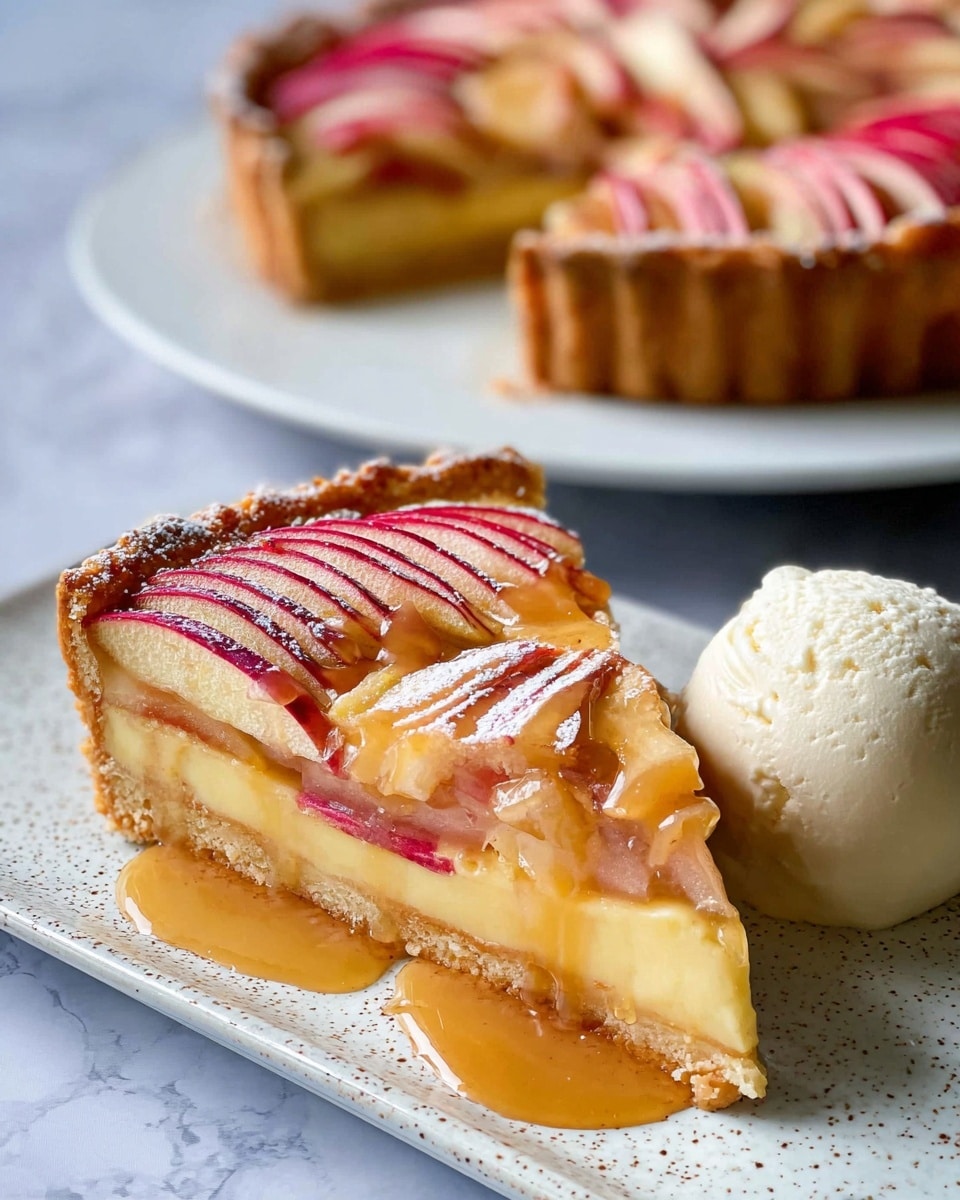 A slice of apple tart with three main layers: the base is a light golden, crumbly crust, the middle layer is a smooth pale yellow custard filling, and the top layer features thin, fan-shaped apple slices with red and pale pink skin, glossy from a shiny caramel sauce that drips slightly down the sides. The tart slice sits on a white speckled rectangular plate with a pool of caramel sauce underneath and a scoop of creamy white ice cream to the right. In the background, the rest of the tart sits on a white plate, showing the same layers and apple slice pattern on a white marbled surface. Photo taken with an iphone --ar 4:5 --v 7
