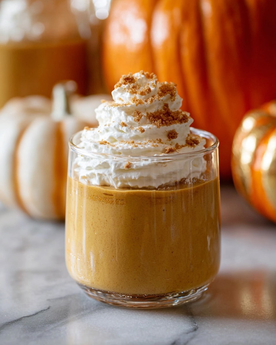 The image shows a close-up of a small glass cup filled with three visible layers. The bottom two layers are a smooth, creamy pumpkin-colored mousse with light brown specks, topped with a thick swirl of white whipped cream. The whipped cream is decorated with small, dark brown cookie crumbs scattered on top and a few crumbs around the cup on the white marbled surface. In the background, there are blurred similar glass cups also filled with the same mousse. Photo taken with an iphone --ar 4:5 --v 7