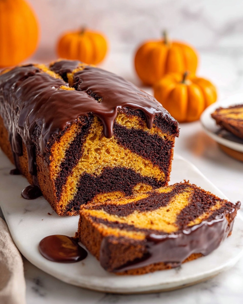 The image shows a loaf cake with two visible layers inside, one dark brown and the other orange, swirled together in a striped pattern. The top of the loaf is covered with glossy, thick chocolate icing that drips down the sides unevenly. A slice is cut from the front of the loaf and lays flat, showing the soft, moist texture of the cake layers. In the background, there are small orange pumpkins, set on a white marbled surface, adding a seasonal touch. The cake is placed on a large white plate, with a small pool of chocolate icing on the plate near the slice. Photo taken with an iphone --ar 4:5 --v 7