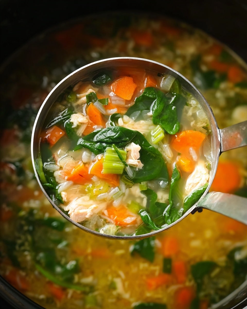 A big silver ladle lifts a clear broth soup filled with three main layers: bright orange carrot slices, light green celery pieces, and dark green spinach leaves floating on top, all mixed with light pink chunks of cooked chicken and small pieces of white onion. The soup is in a large pot with a dark interior, and the broth has a light yellow tint that shines around the vegetables and chicken. The soup looks fresh, colorful with a mix of soft and slightly crisp textures. Photo taken with an iphone --ar 4:5 --v 7