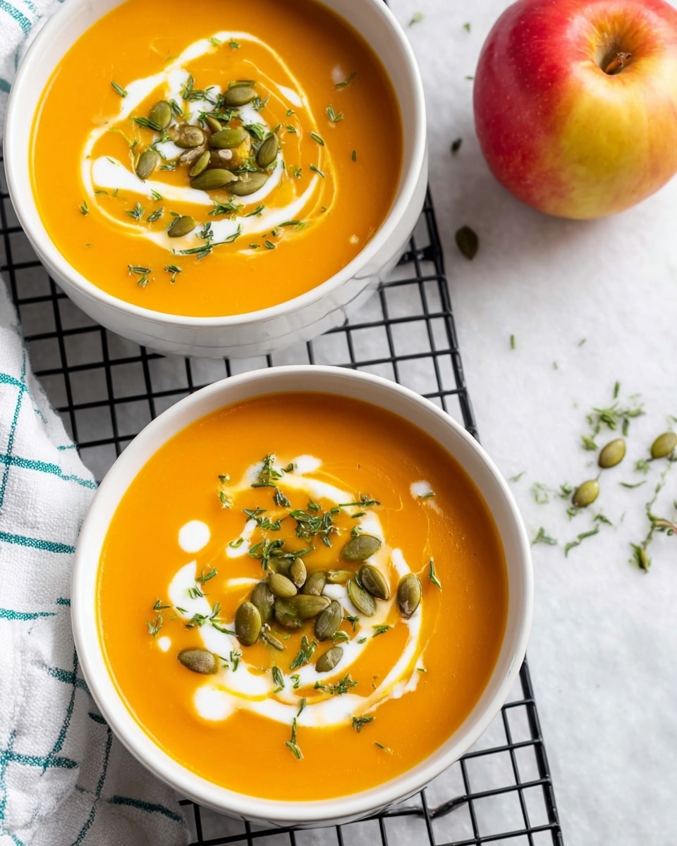 Two white bowls sit on a black grid cooling rack over a white marbled surface, each filled with smooth, bright orange soup. On the soup surface, a swirl of white cream starts at the edges and curls inward, topped with a small pile of green pumpkin seeds and small green herb flakes scattered around. To the right edge of the image, a red and yellow apple adds a touch of color, while on the left side, part of a white cloth with blue grid lines is partially visible. The overall look is fresh and inviting, with clean and simple elements. photo taken with an iphone --ar 4:5 --v 7