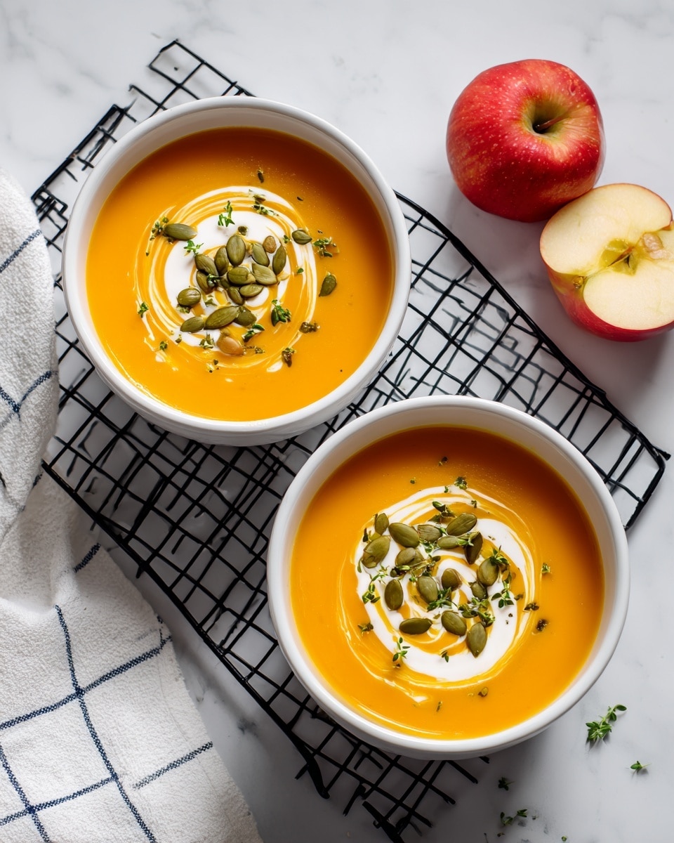 Two white bowls filled with smooth orange soup sit on a white marbled surface with a black grid underneath. Each bowl has a swirl of white cream on top, sprinkled with small green herb pieces and a pile of green pumpkin seeds on one side. One bowl contains a silver spoon resting inside. To the right, there is a red and yellow apple with a green stem, and a white cloth with blue stripes is partially visible on the left side. Photo taken with an iphone --ar 4:5 --v 7