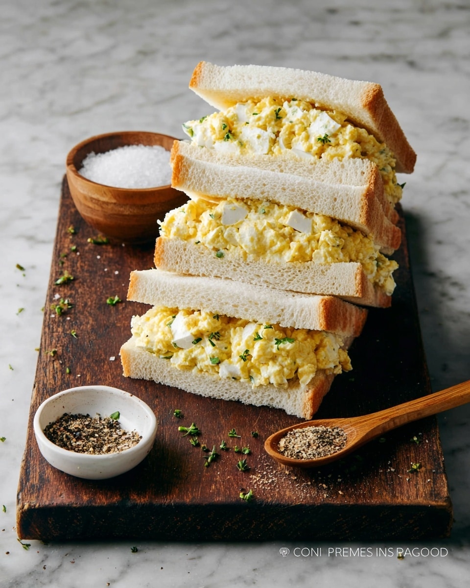 Four sandwich halves are stacked on a dark wooden cutting board placed on a white marbled surface. Each sandwich has two layers of soft white bread with a thick filling of yellow and white egg salad mixed with small green herbs. Next to the sandwiches, there is a small white bowl with black pepper and a wooden bowl with coarse salt and a small wooden spoon. The scene looks fresh and simple. photo taken with an iphone --ar 4:5 --v 7