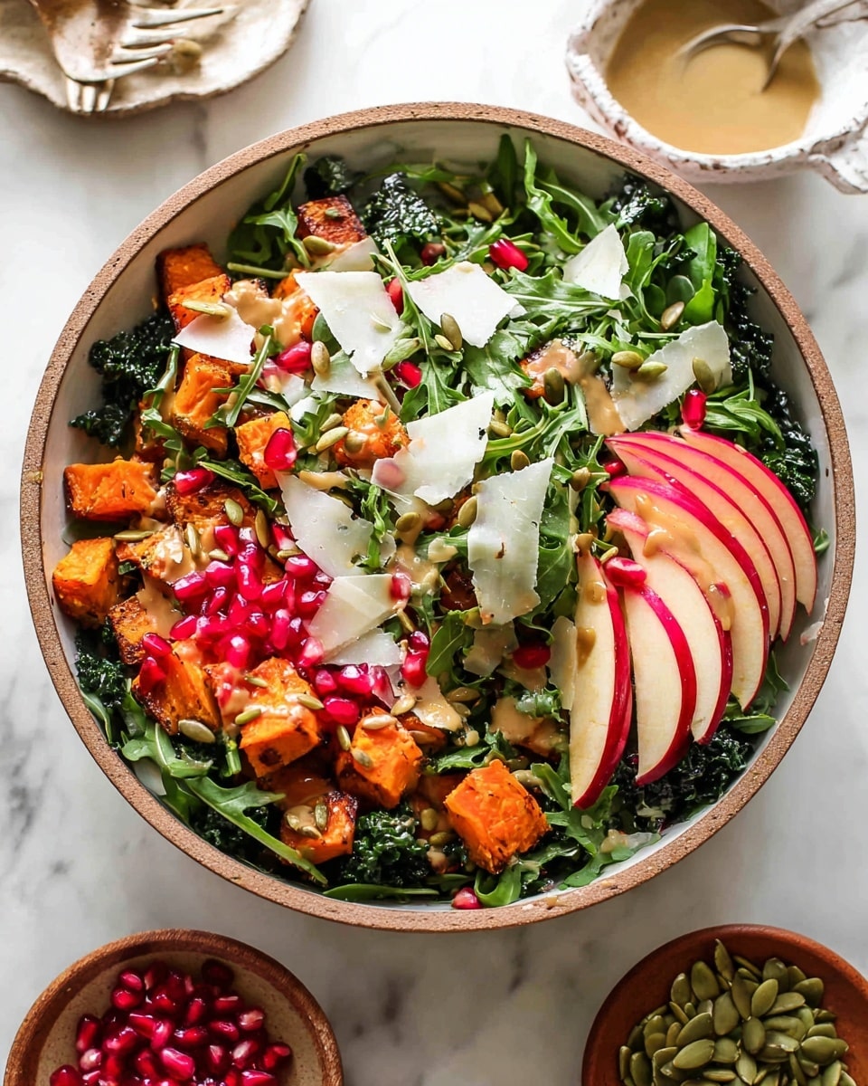 A bowl filled with a fresh salad showing about five layers: the base layer is dark green kale leaves, topped with bright green arugula leaves scattered all over; on top of the greens, there are chunks of orange roasted sweet potatoes and thin slices of red apple arranged in a neat group on one side. Bright red pomegranate seeds are sprinkled throughout, adding a juicy contrast. Thin white cheese shavings are spread unevenly across the salad and green pumpkin seeds add texture in small clusters. A light brown dressing is drizzled over the top, giving a glossy finish. The bowl is placed on a white marbled surface, with small dishes around it holding more pomegranate seeds, cheese shavings, and pumpkin seeds. Photo taken with an iphone --ar 4:5 --v 7