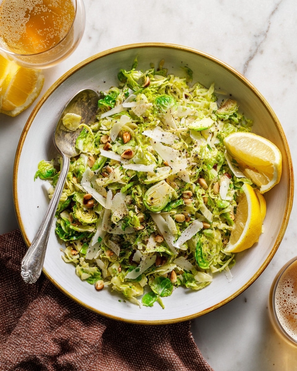 A white bowl with a gold rim holds a layered salad starting with chopped light green Brussels sprouts as the base. On top are thin, translucent white strips of shaved cheese scattered throughout, small beige pine nuts, and black pepper specks for seasoning. Two bright yellow lemon wedges lean against the edge of the bowl on the right side. A silver spoon rests inside the bowl on the left, partially buried under the salad. The bowl sits on a white marbled surface with half a lemon nearby in the upper left and a glass of amber-colored bubbly drink in the upper right. A brown textured cloth is partially under the bowl on the lower left side. photo taken with an iphone --ar 4:5 --v 7