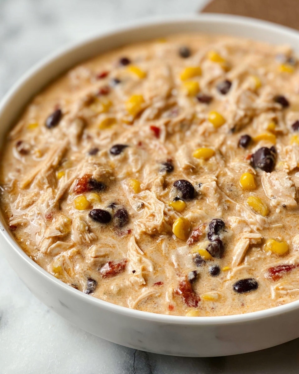 A white bowl filled with a creamy dish that has a thick, smooth texture. The mixture is light beige with visible chunks of shredded chicken, black beans, and yellow corn evenly spread throughout. Small bits of red, possibly tomatoes or spices, are scattered in the creamy base, adding subtle color contrast. The dish looks rich and hearty, with pieces sitting slightly above the creamy layer, showing a rough, mixed texture. The overall look is warm and inviting, placed on a white marbled surface. photo taken with an iphone --ar 4:5 --v 7