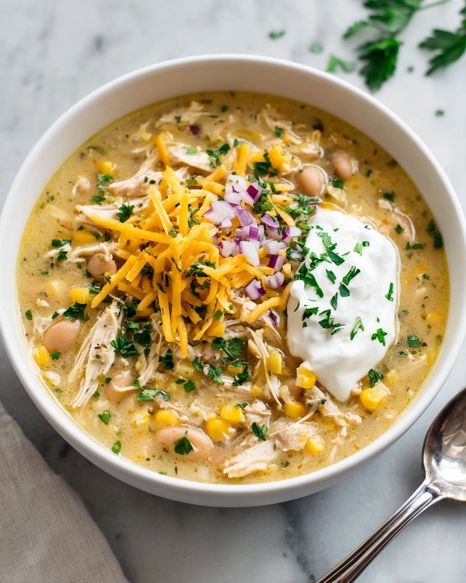 A white bowl filled with creamy soup that has a light yellow broth base. Inside the soup are shredded pieces of brown chicken, white beans, and bright yellow corn kernels. On top, there are layers of shredded orange cheese, finely chopped purple onion, and chopped green parsley scattered all over. A dollop of white sour cream sits on one side of the bowl, also sprinkled with parsley. The bowl is placed on a white marbled surface with a silver spoon nearby. Photo taken with an iphone --ar 4:5 --v 7