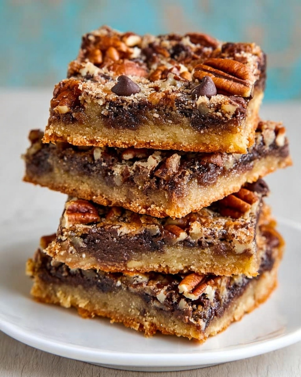 A stack of four dessert bars is shown on a white plate placed on a white marbled surface. Each bar has three visible layers: a light golden, dense bottom crust; a middle thick, dark brown layer filled with chocolate chips and bits of nuts creating a chunky texture; and a top layer dotted with pecan halves and additional chocolate chips, giving a rough, textured look with a mix of brown and caramel colors. The bars are cut square and stacked unevenly, with slight crumbly edges and visible nut pieces on the surface. Photo taken with an iphone --ar 4:5 --v 7