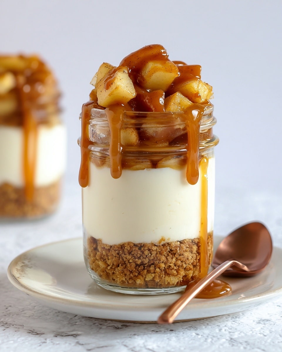 A clear glass jar filled with three visible layers sits on a white plate with a white marbled texture beneath. The bottom layer is a crumbled golden brown crust, rough in texture. The middle layer is smooth, creamy, and white, about twice the height of the crust. The top layer consists of small apple chunks coated in a glossy caramel sauce with a warm, cinnamon-brown color, dripping slightly down the jar’s sides. A copper spoon rests on the plate beside the jar, catching some caramel drops. Photo taken with an iphone --ar 4:5 --v 7