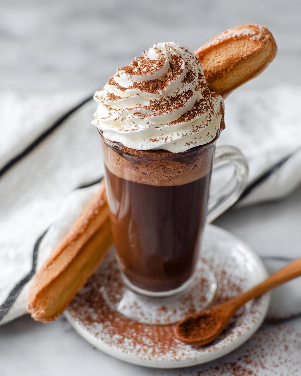 A tall clear glass filled with three layers of rich dark brown hot chocolate topped with three thick swirls of white whipped cream dusted with light brown cocoa powder, with a long light brown ladyfinger cookie angled and partly inserted into the whipped cream on the right side; the glass sits on a white plate sprinkled with cocoa powder, next to a wooden spoon laying flat on the plate, all resting on a white marbled surface with a white cloth with black stripes in the background. photo taken with an iphone --ar 4:5 --v 7