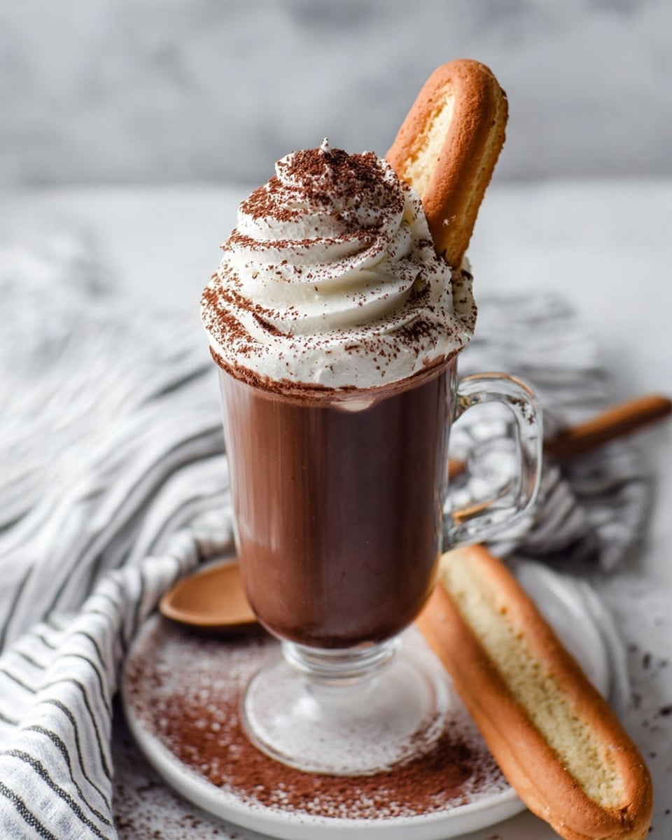 A tall clear glass filled with rich brown hot chocolate sits on a white plate dusted with cocoa powder. On top of the glass, there are three thick swirls of white whipped cream, each layer dusted with cocoa powder. A light brown ladyfinger biscuit is placed standing in the whipped cream on the right side. Next to the glass on the white plate, a wooden spoon rests, and in the background, two more ladyfinger biscuits lie on a white and black striped cloth set on a white marbled surface. photo taken with an iphone --ar 4:5 --v 7