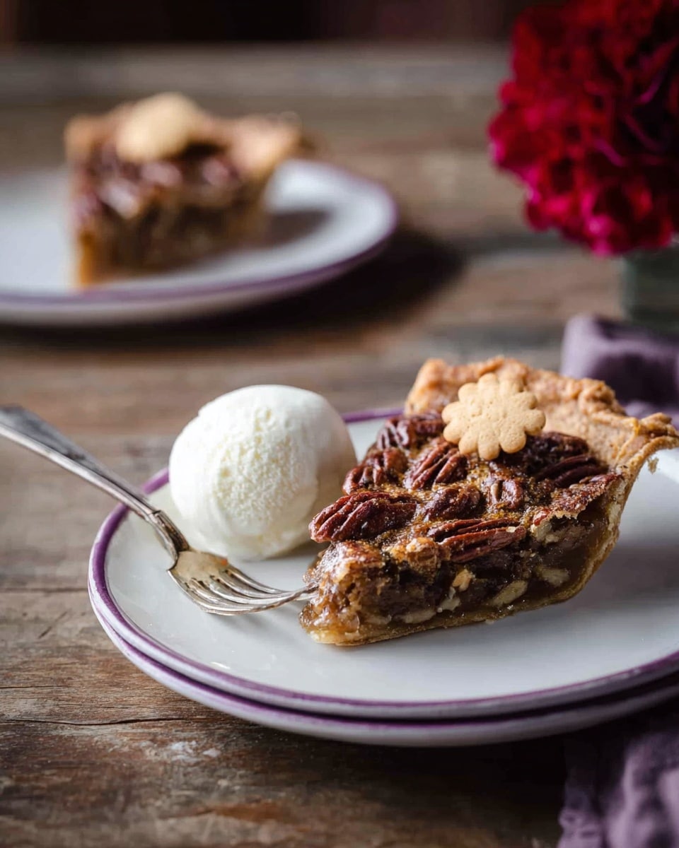 A slice of pecan pie with a golden-brown crust sits on a white plate with a purple rim; the pie is topped with whole pecans that create a textured, glossy brown layer. Next to the pie slice is a smooth white scoop of vanilla ice cream adorned with a small, pale cookie on top. A silver fork rests on the plate, pointing outward. In the blurred background, another slice of pecan pie with a vanilla topping is placed on a plain white plate. The scene is set on a rustic wooden table with a blurred red flower off to the side. Photo taken with an iphone --ar 4:5 --v 7