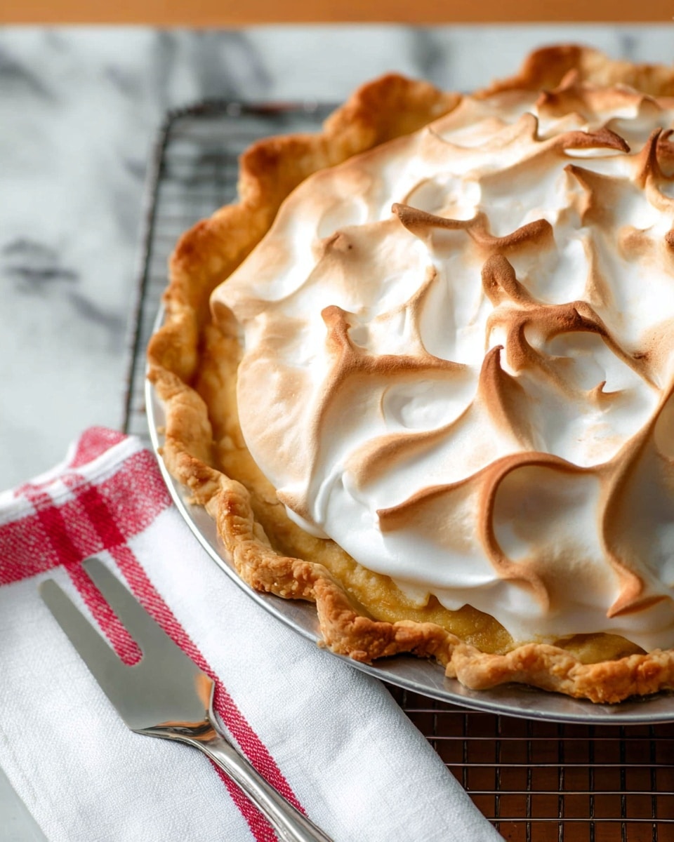 A close-up view of a lemon meringue pie shows three clear layers: the bottom layer is a golden brown crust with a flaky texture and crimped edges; the middle layer is hidden but implied to be lemon filling under the meringue; the top layer is white fluffy meringue with browned peaks and soft swirls giving it a toasted look. The pie is in a round metal pie pan, resting on a wire rack over a white marbled surface, with a white cloth having red stripes and a silver pie server placed nearby. Photo taken with an iphone --ar 4:5 --v 7