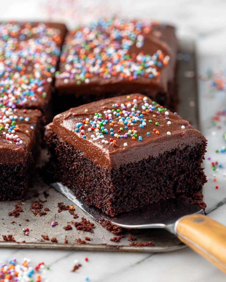 A close-up view of a thick, rich chocolate cake cut into squares in a metal tray, showing two layers: a dark, moist chocolate cake base with a soft, slightly crumbly texture, and a smooth, glossy chocolate frosting layer on top. The frosting is decorated with small, colorful round sprinkles scattered mainly on the back section of the cake, adding a playful touch with red, green, blue, orange, purple, white, and pink colors. The edges of the cake show crumbs and some frosting spread unevenly, suggesting freshness. The scene is set on a white marbled surface, with a metal spatula with a wooden handle partially visible in the front, supporting one of the cake slices. In the blurred background, more sprinkle decorations appear scattered subtly. Photo taken with an iphone --ar 4:5 --v 7