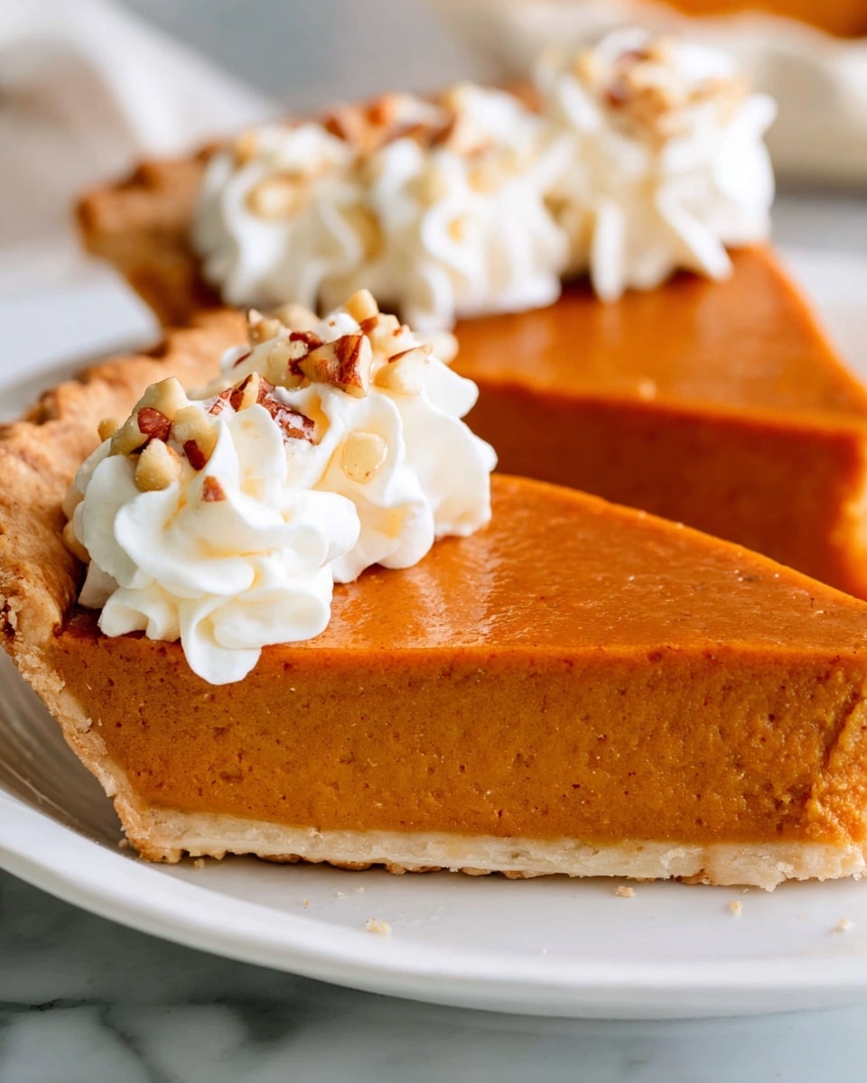 A close-up view of two slices of pumpkin pie on a white plate, each slice showing a deep orange smooth filling with a firm texture. The pie has a light brown, flaky crust along the edge. On top of each slice, there are dollops of white whipped cream, swirled neatly in a row near the crust, sprinkled with small pieces of chopped nuts. The background shows the white marbled surface softly blurred. photo taken with an iphone --ar 4:5 --v 7