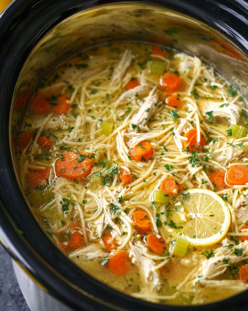 A close-up view of a crockpot filled with chicken noodle soup, showing a mixture of thin, light yellow noodles and shredded white chicken pieces. Bright orange carrot chunks and small green celery pieces are evenly spread throughout the light golden broth, garnished with small green herb flakes on top. The slow cooker has a shiny metallic surface reflecting the white marbled texture below, with squeezed lemon halves and scattered green herb leaves on the surface around it. photo taken with an iphone --ar 4:5 --v 7