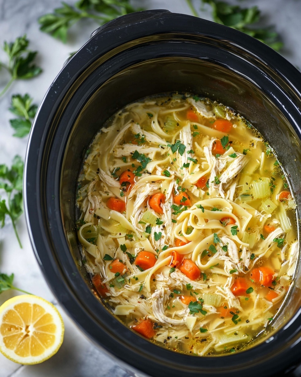 A close-up view of a black slow cooker filled with chicken noodle soup, showing three layers: the top layer is a yellowish broth with a shiny, smooth texture; the middle layer contains thin pale yellow noodles tangled throughout; and the bottom layer has soft white shredded chicken pieces mixed with small orange carrot cubes and light green celery slices, all sprinkled with green parsley flakes and tiny black pepper bits. The cooker sits on a white marbled surface scattered with fresh parsley leaves and a halved lemon with a bright yellow interior, creating a fresh, colorful setting. Photo taken with an iphone --ar 4:5 --v 7