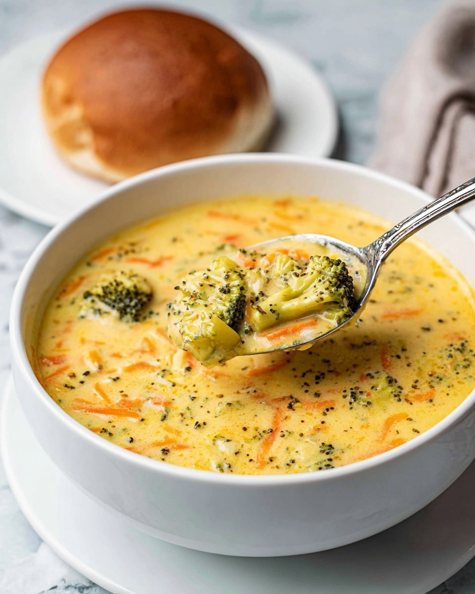 A white bowl filled with creamy yellow soup that has small pieces of green broccoli and shredded orange carrots scattered throughout, giving it a textured and colorful look. A silver spoon is lifting a portion of the soup, showing chunks of broccoli and carrots mixed into the thick broth. Behind the bowl, there is a white plate with a round brown bread roll sitting on a white marbled surface. photo taken with an iphone --ar 4:5 --v 7