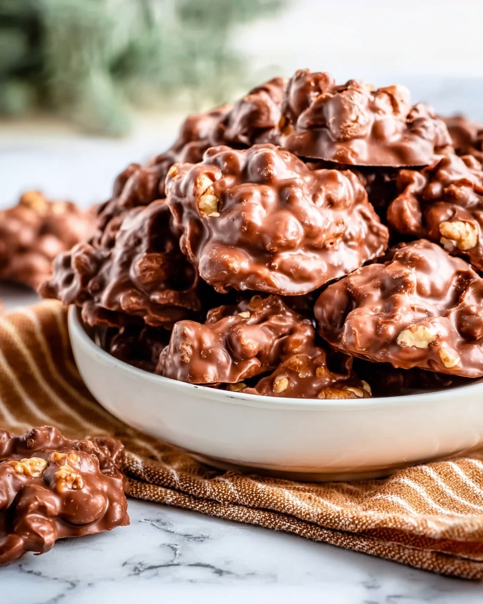 A white bowl filled with many irregularly shaped milk chocolate clusters that have a glossy, smooth texture and include nuts inside. The clusters are stacked in layers that create a rough, bumpy surface with different shades of light and dark brown. Some clusters are placed outside the bowl on a white marbled surface, while a striped cloth lies beneath the bowl, adding a soft texture and warm color contrast. The background is softly blurred with hints of green, making the chocolate clusters the clear focus. Photo taken with an iphone --ar 4:5 --v 7