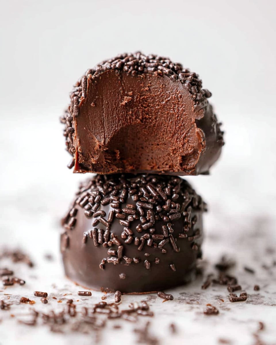 A close-up image of two pieces of chocolate truffle stacked on a white marbled surface, with the top piece showing a bite taken out, revealing a smooth and creamy dark brown chocolate interior. The top truffle is round, coated with small, shiny chocolate sprinkles, and the lower piece is a rectangular-shaped truffle with a rich, dense texture and a slightly glossy finish. Scattered chocolate sprinkles surround the truffles, adding texture to the scene. Photo taken with an iphone --ar 4:5 --v 7