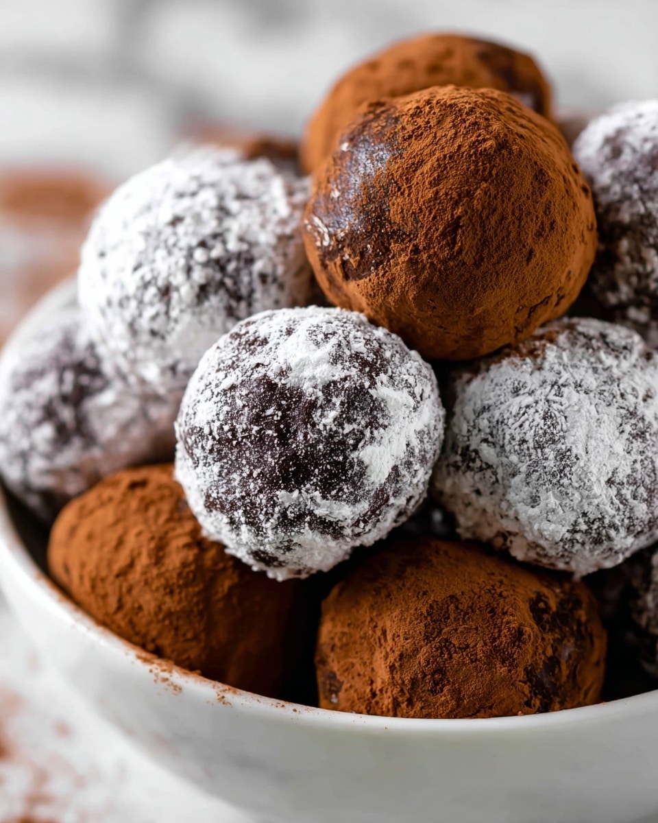 A close-up view of a white bowl filled with dark chocolate truffles, some covered in a layer of rich brown cocoa powder and others dusted in a white powdered sugar coating. The truffles show a rough texture beneath the coatings, with the cocoa layer giving a dusty matte look and the powdered sugar appearing soft and powdery, unevenly clinging to the truffle surfaces. The bowl is placed on a white marbled texture, and the truffles are piled, showing at least two distinct layers of coating colors and textures mixing closely together. photo taken with an iphone --ar 4:5 --v 7