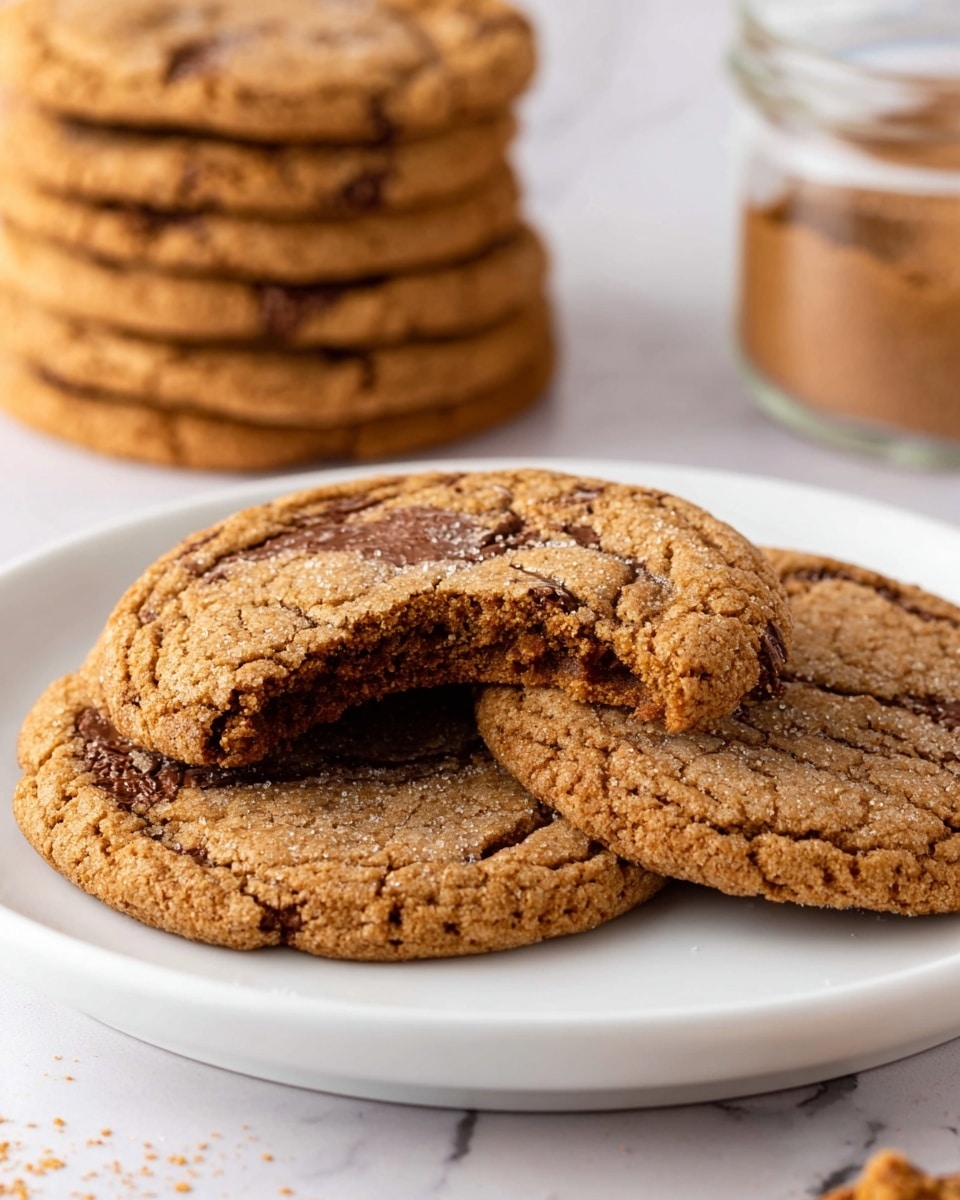 A white plate holds three large, round cookies with a cracked surface and a golden-brown color, each cookie showing darker swirls of melted chocolate throughout. One cookie is slightly on top of the others and has a bite taken out, revealing a slightly chewy texture inside. In the blurred background, there is a tall stack of similar cookies and a glass jar containing a light brown ingredient, all set on a white marbled textured surface. photo taken with an iphone --ar 4:5 --v 7