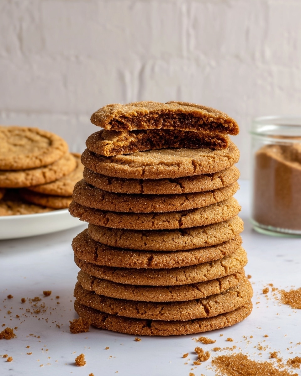 A tall stack of ten golden brown cookies with a crisp and slightly crumbly texture is shown, with one cookie on top broken in half, revealing a soft, chewy inside with a darker, rich brown color; the cookies have small granules of sugar visible on their surface. The stack is placed on a smooth white marbled surface, with loose cookie crumbs scattered around. In the background, there is a white plate with more cookies slightly out of focus on the left side and a clear jar filled with brown sugar on the right side, both resting on the same white marbled surface with a textured white wall behind them. photo taken with an iphone --ar 4:5 --v 7