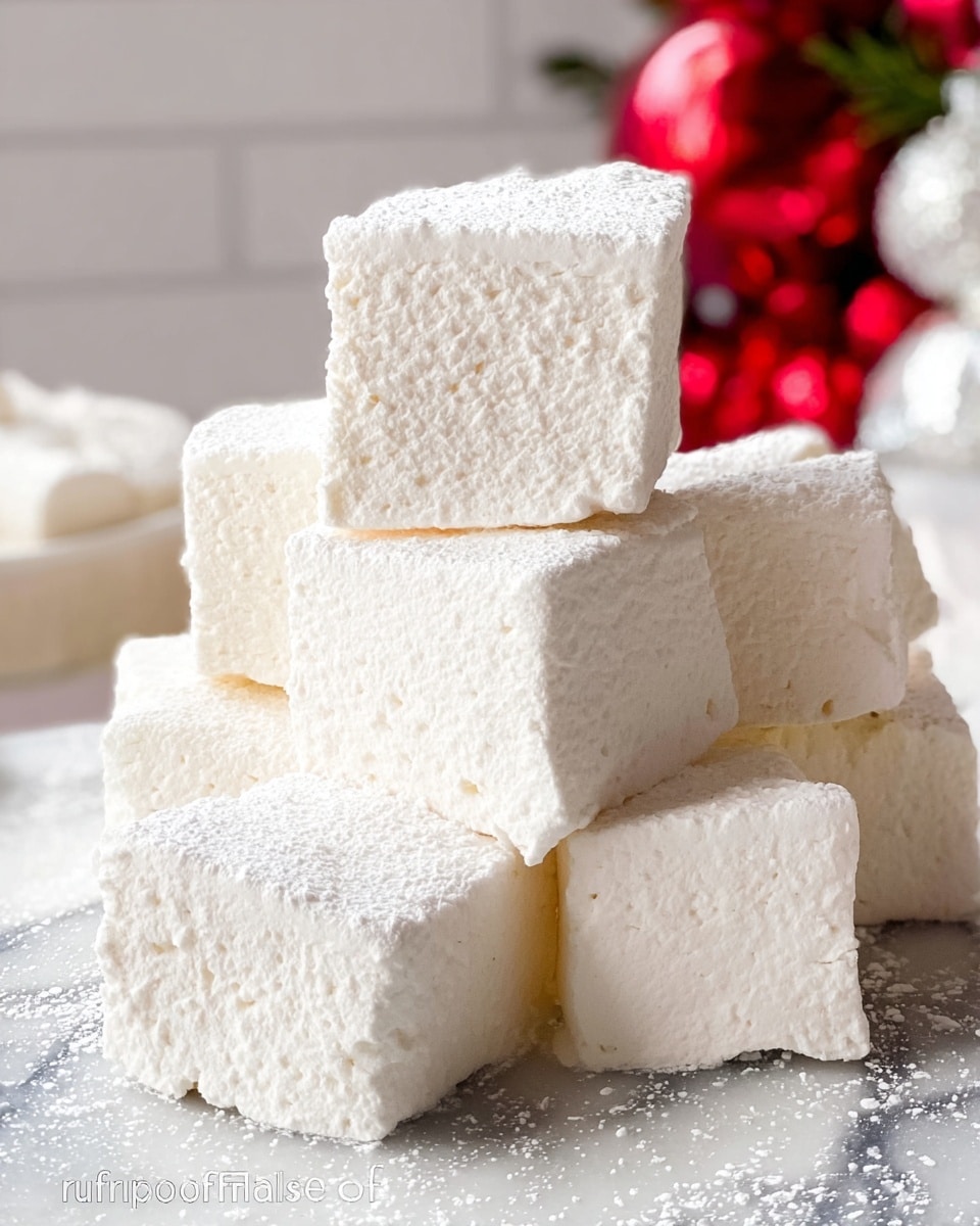 The image shows a close-up of a pile of soft, white marshmallows stacked unevenly on a white marbled surface. Each marshmallow is square-shaped with a fluffy and slightly powdery texture, with some edges showing small air pockets and a roughened outline. The marshmallows have a matte finish and appear thick and soft. In the blurred background, there is a hint of red and shiny white decorations adding a festive feel. photo taken with an iphone --ar 4:5 --v 7