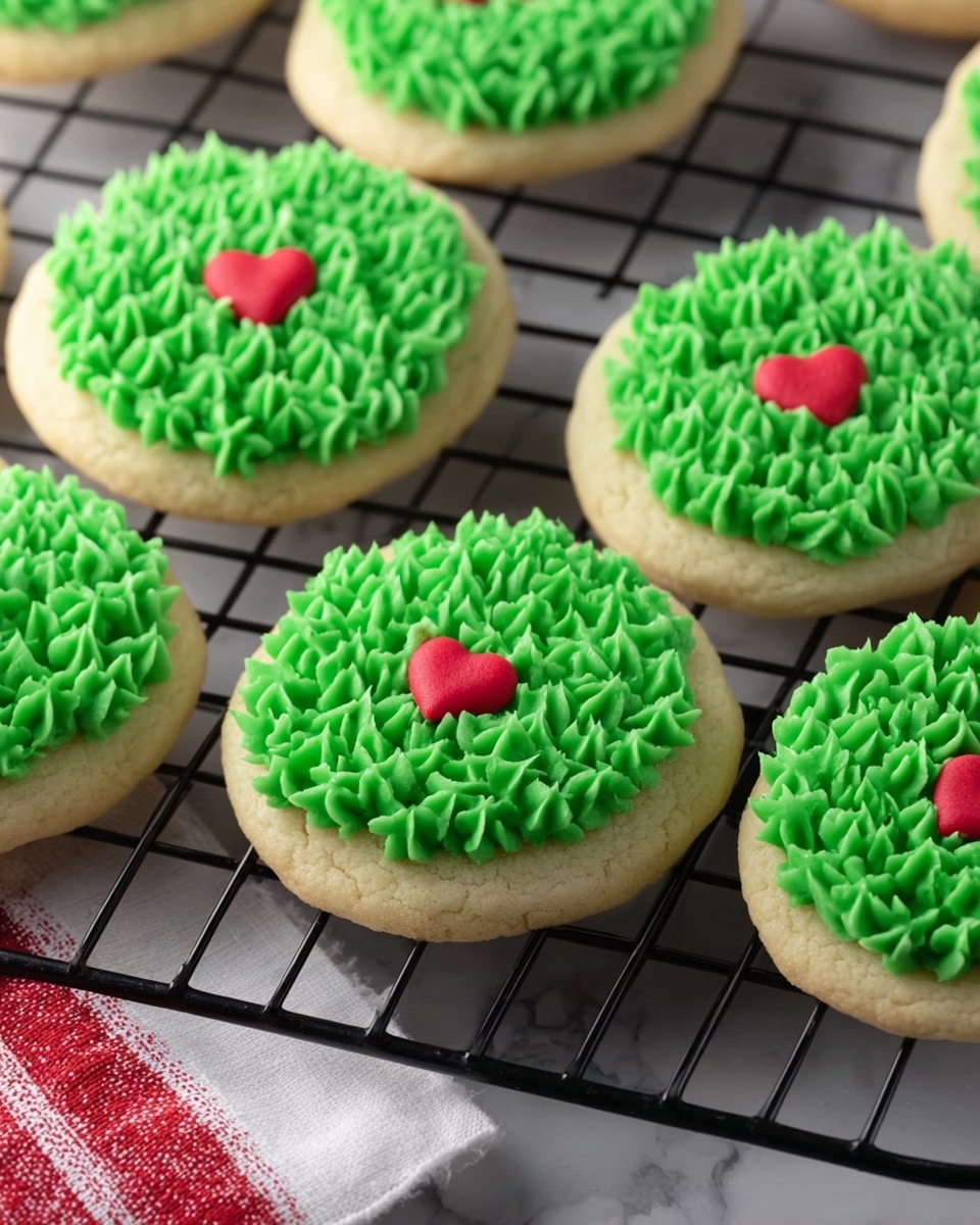 Round cookies are shown on a black cooling rack placed over a white marbled surface with a red and white cloth under one corner. Each cookie has one layer of light beige dough and one layer of bright green piped frosting, shaped like small stars covering the whole top. A small red heart-shaped decoration sits near the center of the green frosting on each cookie. The cookies have a soft texture, and some parts of the black rack are visible between them. photo taken with an iphone --ar 4:5 --v 7