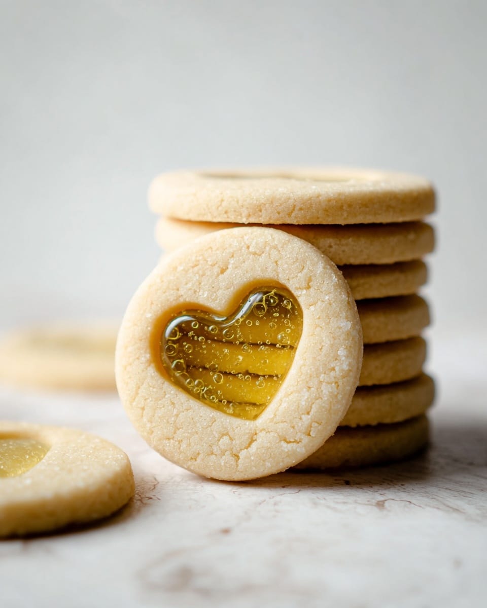 The image shows a close-up of a stack of six round sugar cookies with a light golden color, placed on a white marbled surface. Leaning against the stack in the foreground is one cookie with a heart-shaped transparent yellow candy center that glistens with small bubbles inside. The cookies have a crumbly texture and smooth edges. Part of another cookie is visible on the left side of the image, slightly out of focus. The background is simple and white, allowing the details of the cookies to stand out clearly. Photo taken with an iphone --ar 4:5 --v 7