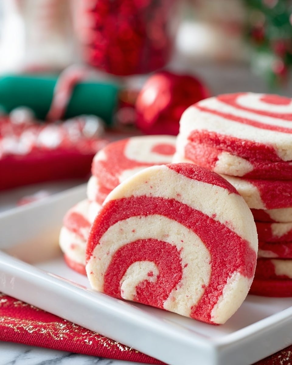 The image shows a stack of peppermint pinwheel cookies on a white square plate placed on a white marbled surface. Each cookie has three thick layers, with bright red and white dough swirling in a striped pattern, creating a festive look. The front cookie is close-up, showing the soft texture and clear spiral design. In the background, there are blurred holiday-themed items in red and green colors. Photo taken with an iphone --ar 4:5 --v 7