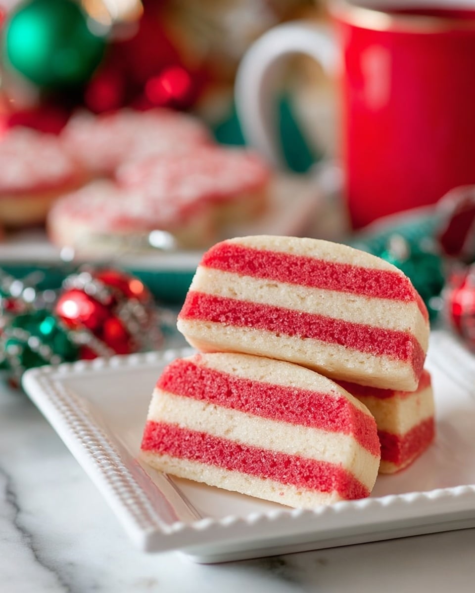 Two thick slices of striped cookies are stacked on a white square plate with a scalloped edge, sitting on a white marbled surface. Each cookie has five visible layers, alternating between a bright red and a creamy white color, with soft, smooth textures. The background is softly blurred, showing festive items like a red mug and colorful holiday decorations in green, red, and white tones. Photo taken with an iphone --ar 4:5 --v 7