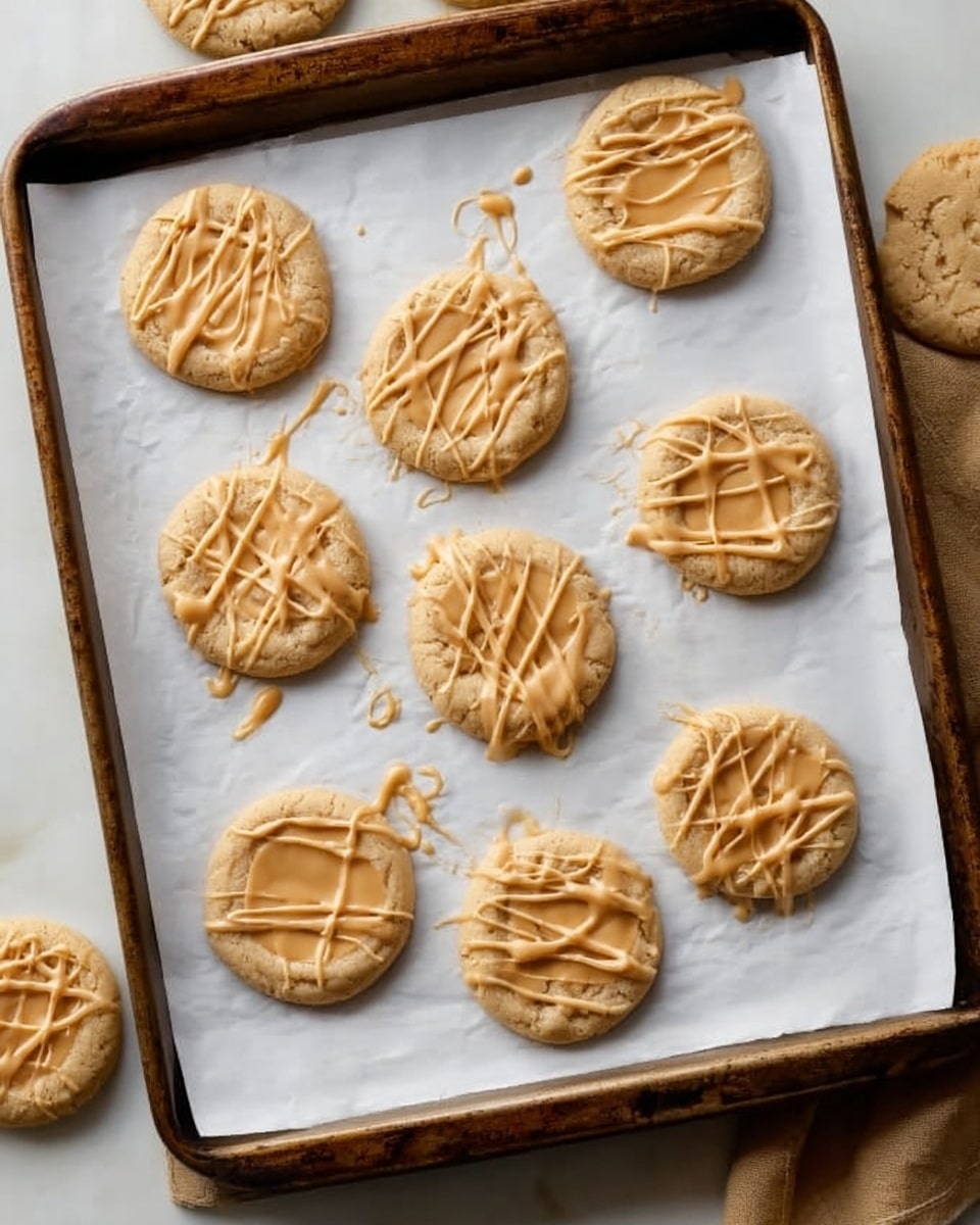The image shows a baking tray lined with white parchment paper holding nine round cookies spread out evenly. Each cookie is light brown and soft in texture with a smooth surface, topped with light beige drizzles of melted peanut butter creating an artistic, random pattern on each one. The tray is set on a white marbled surface with parts of other cookies visible on the sides. Photo taken with an iphone --ar 4:5 --v 7
