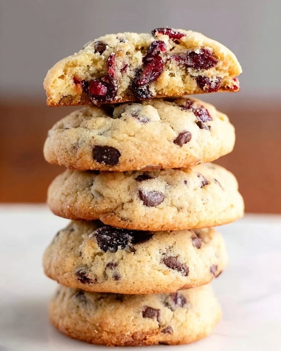 A close-up view of a stack of four soft, thick cookies on a smooth white marbled surface. Each cookie has a light golden-brown base with a slightly rough top, speckled generously with dark chocolate chips and pieces of dried cherries. The top cookie is broken in half, revealing a moist, crumbly inside with chocolate and cherry bits visible. The cookies have a homemade look, with uneven edges and a soft, textured surface. photo taken with an iphone --ar 4:5 --v 7