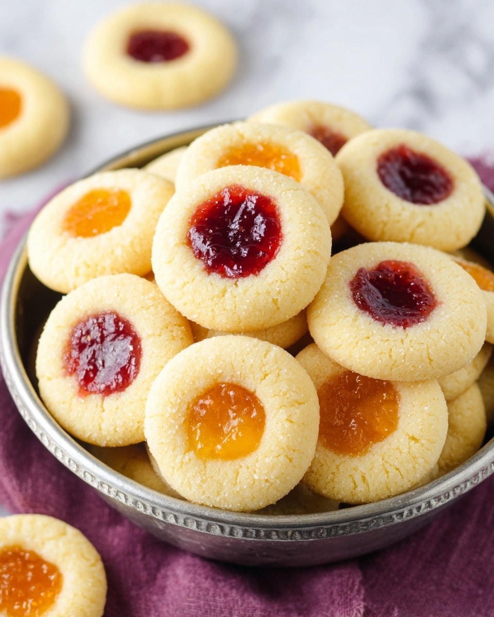 A metal bowl filled with pale yellow thumbprint cookies, each cookie having one small round layer of jam in the center. The jam appears in two colors: bright orange and deep red, both slightly glossy with a smooth, jelly-like texture. The cookies have a soft, crumbly texture and are piled one on top of another, showing a flat base and a gentle raised edge around the jam. The bowl sits on a folded purple cloth on a white marbled surface, with a few cookies scattered around. Photo taken with an iphone --ar 4:5 --v 7