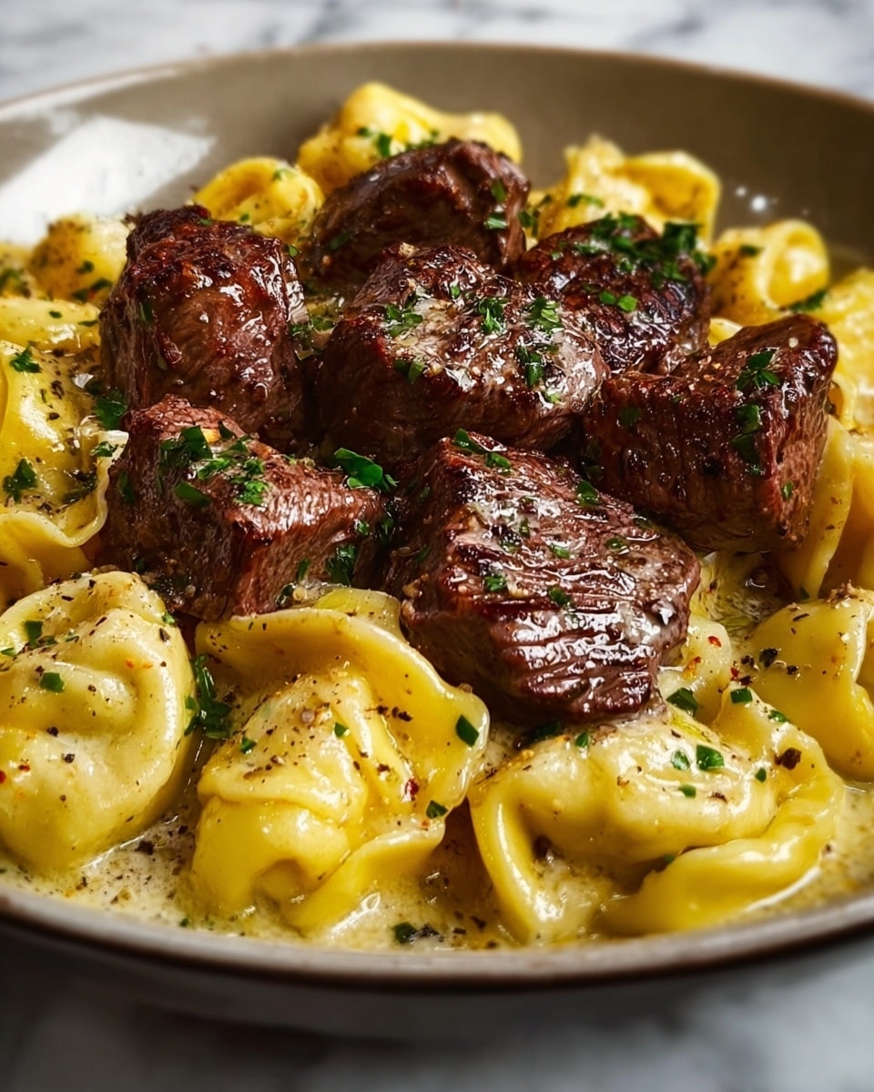 The image shows a close-up of a dish with two main layers. The bottom layer is made of creamy yellow tortellini pasta with a smooth texture and a slight shine from the sauce. On top, there are several large, juicy chunks of grilled beef with a dark brown, seared surface that looks tender and moist. Both layers are sprinkled with chopped green herbs for a fresh touch and some black pepper. The whole dish sits on a white plate on a white marbled surface. photo taken with an iphone --ar 4:5 --v 7