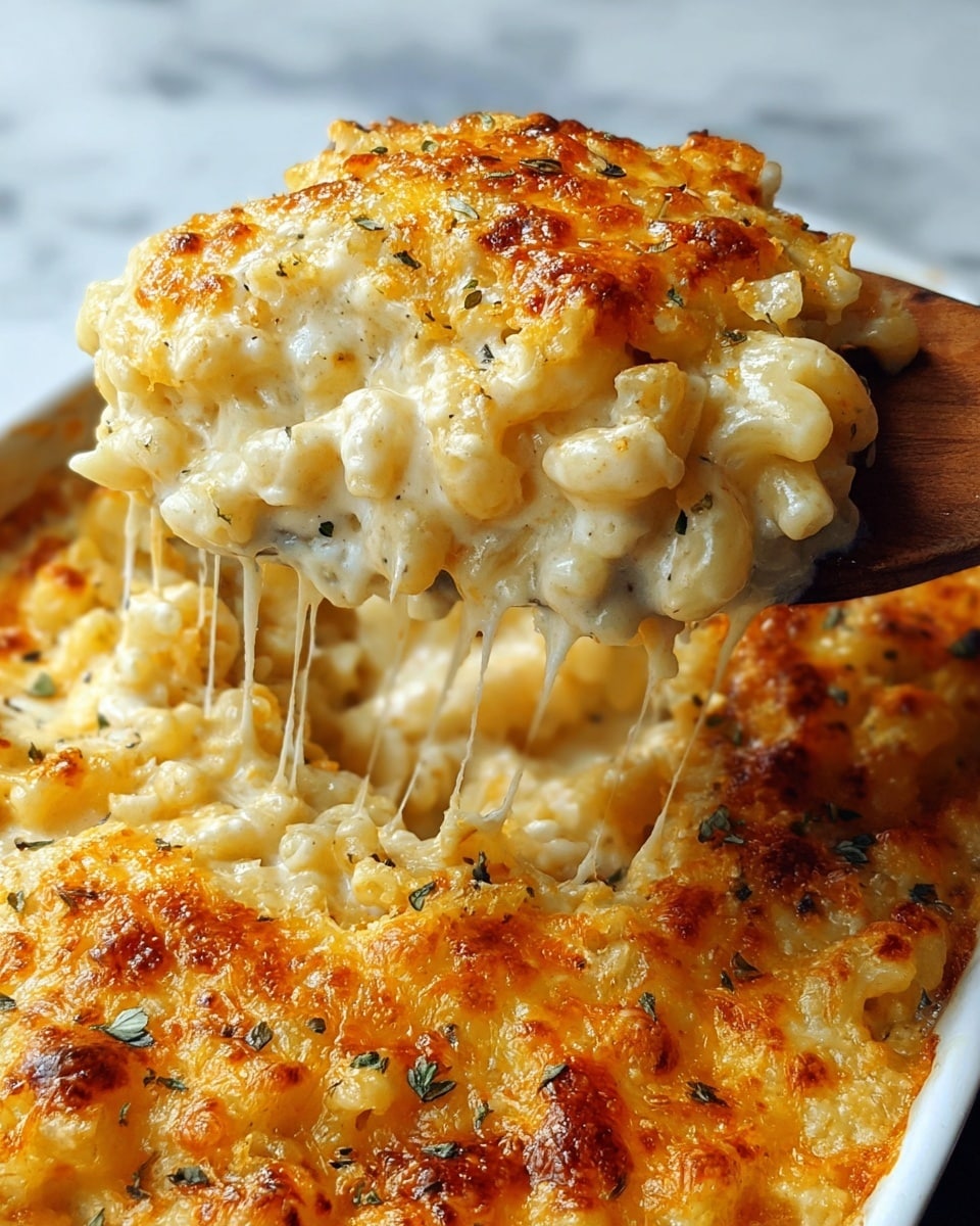 The image shows a close-up of a creamy baked macaroni and cheese dish with two distinct layers. The top layer is golden brown with melted, bubbly cheese that appears slightly crispy and sprinkled with herbs. Underneath, the second layer is a smooth, white cheese sauce mixed with elbow macaroni pasta, creamy and soft with visible flecks of herbs. A wooden spatula is lifting a portion, showing stretchy melted cheese strings connecting it to the dish. The macaroni looks tender, and the cheese sauce is thick and rich. The dish is in a white baking dish, placed on a white marbled surface. photo taken with an iphone --ar 4:5 --v 7