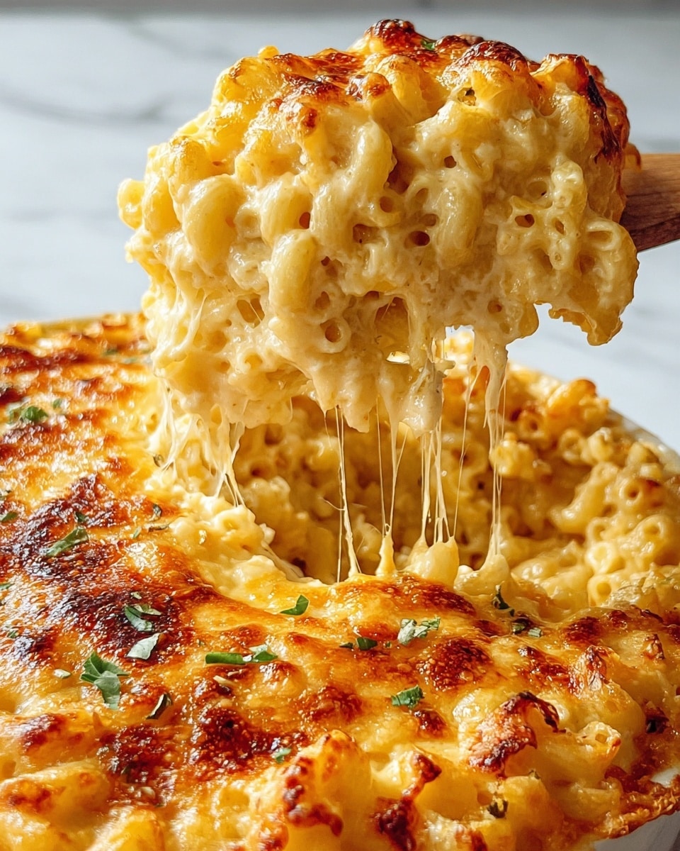 This image shows a close-up of a baked macaroni and cheese dish with one thick scoop being lifted, revealing three main layers: a golden-brown, bubbly cheese crust on the top with a slightly crispy texture, a creamy, gooey middle layer of melted cheese mixed with tender elbow macaroni that stretches with cheese strings as it is lifted, and a dense bottom layer of macaroni and cheese that looks rich and soft. Small bits of green herb garnish are scattered on the top layer, adding a touch of color. The dish sits on a white marbled surface. Photo taken with an iphone --ar 4:5 --v 7