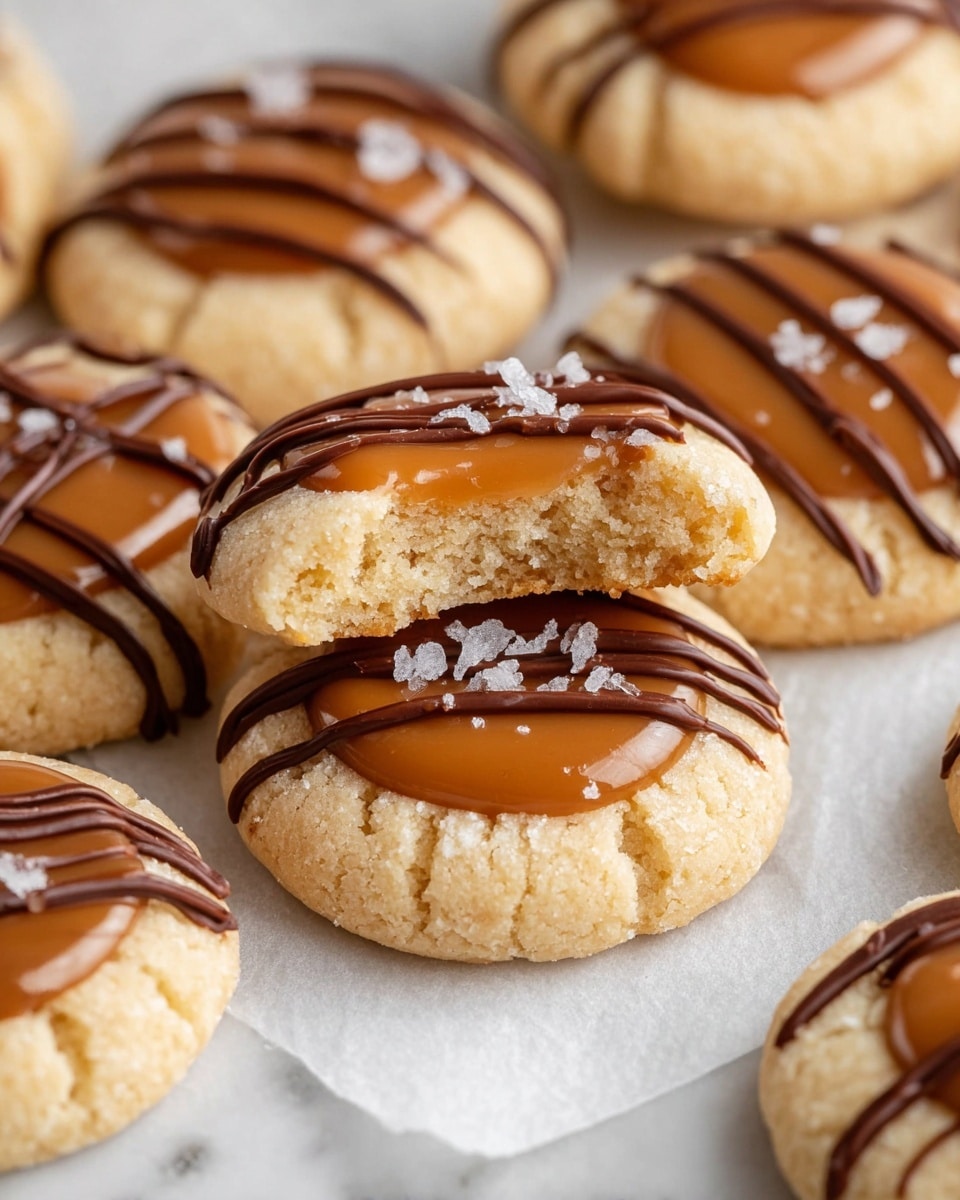 A close-up view shows a pile of round shortbread cookies on a white marbled surface with white parchment paper beneath. Each cookie has a light golden base layer with a crumbly texture. On top, there is a smooth, glossy caramel dollop that looks shiny and slightly soft, covering the center of each cookie. Over the caramel, thin zigzag lines of dark chocolate drizzle add contrast, and a few small flakes of white sea salt are sprinkled on top for texture. One cookie is broken in half and rests partly on top of another, showing the soft crumb inside. Photo taken with an iphone --ar 4:5 --v 7