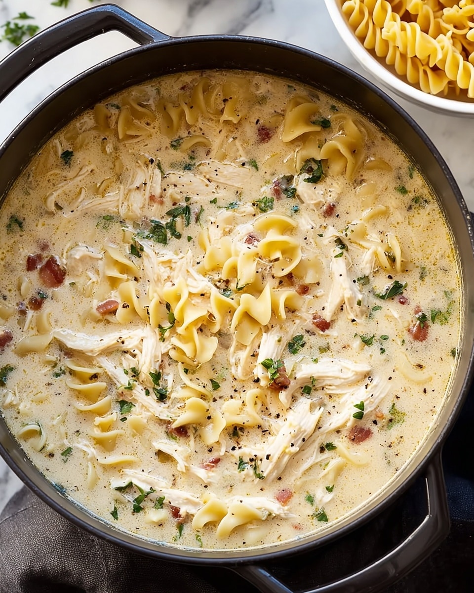 A close-up of a black handled pot filled with a creamy soup consisting of shredded white chicken, yellow curly-edged pasta pieces, green herbs, and small bits of reddish-brown bacon. The soup base is a thick, light beige color with visible flecks of black pepper and herbs. The pot is placed on a white marbled surface next to a white bowl partially visible on the right, holding more yellow pasta, with a dark gray cloth underneath. photo taken with an iphone --ar 4:5 --v 7
