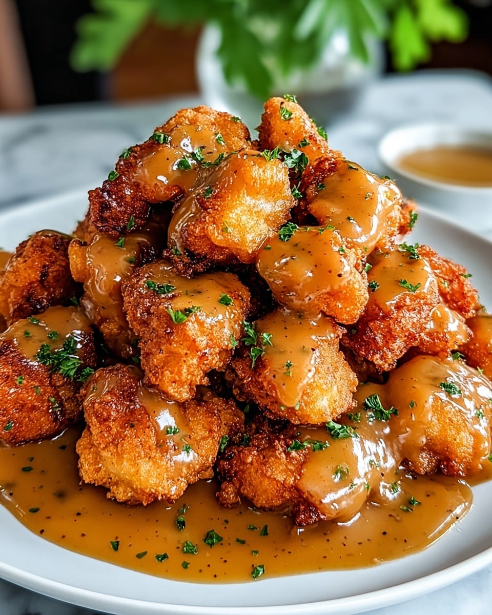 A white plate piled high with golden-brown crispy fried chicken bites, each piece coated with a thick, glossy light brown gravy that drips slightly onto the plate. The chicken has a crunchy texture with some darker fried edges visible, and small bright green parsley bits are sprinkled evenly over the top, adding fresh contrast. The gravy looks rich and smooth with visible pepper specks. The background shows a blurred white marbled texture and hints of green foliage. photo taken with an iphone --ar 4:5 --v 7