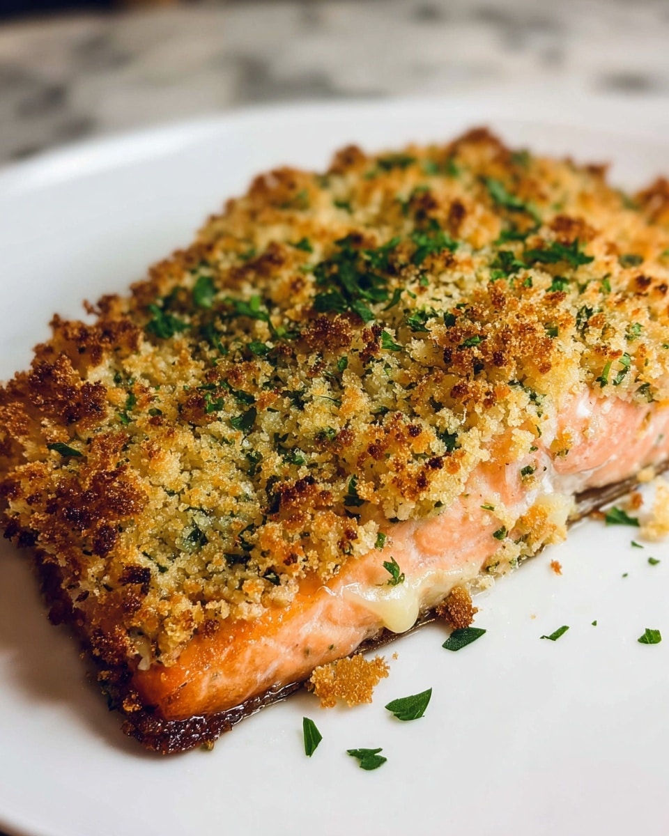 A thick piece of baked salmon sits centered on a white plate, topped with a golden-brown crunchy crust made of crumbly breadcrumbs mixed with finely chopped green herbs, creating a rough texture. The top layer is crispy and has specks of darker browned spots with scattered bits of fresh green parsley. Just beneath, the salmon's pink flesh is visible in delicate lines, smooth and tender. The edges of the crust are slightly darker and crispier, giving a contrast to the bright salmon underneath. The plate rests on a white marbled surface. photo taken with an iphone --ar 4:5 --v 7