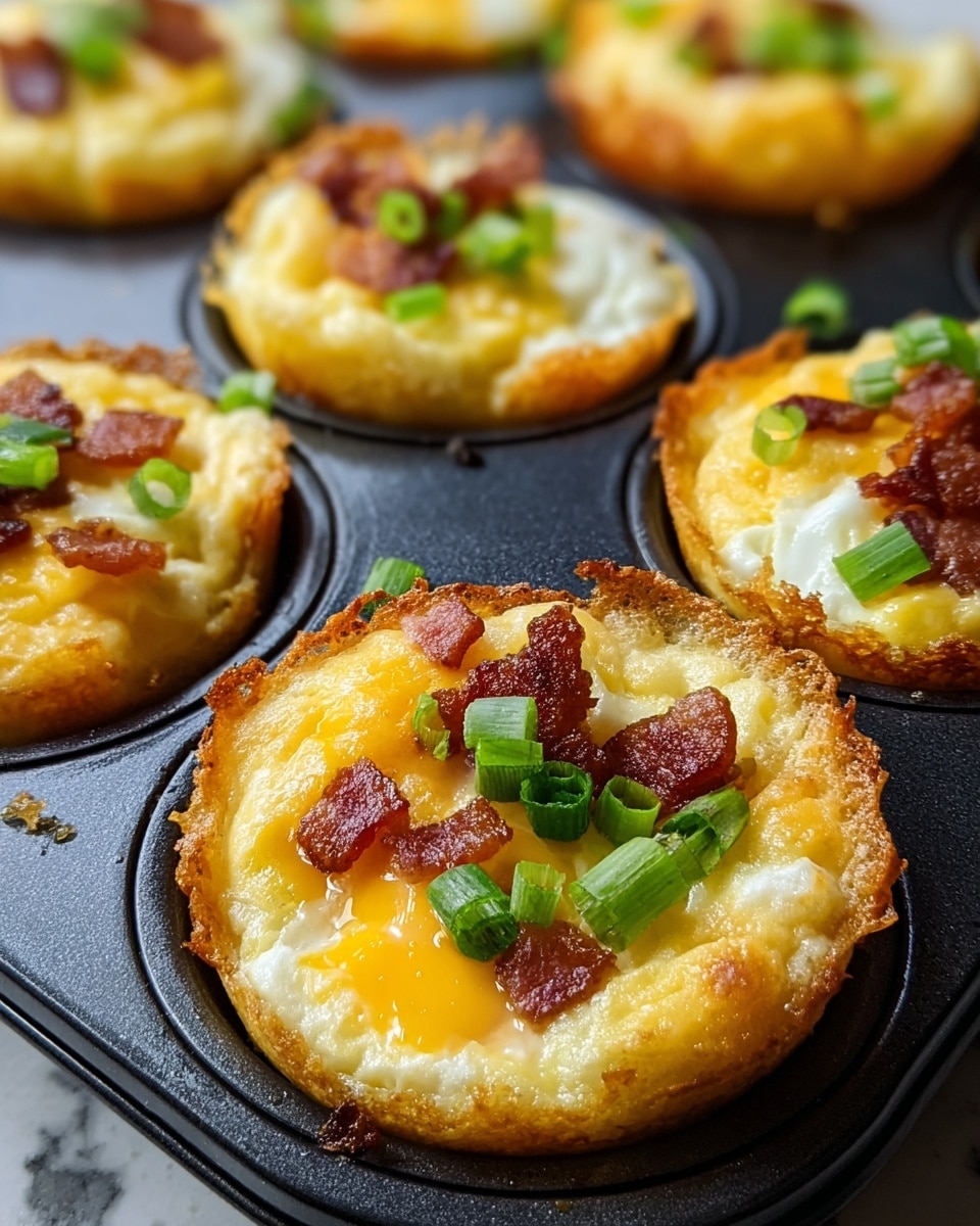 The image shows a close-up of a black muffin tin holding several golden-brown breakfast egg cups. Each cup has a crispy, crunchy exterior with a soft, cooked egg center that is creamy white and yellow. On top of the egg cups are small pieces of browned bacon and bright green chopped scallions, adding color and texture contrast. The cups fill the muffin tin wells, and the background is a white marbled surface. The photo has a warm, natural light highlighting the food's vibrant colors and texture. photo taken with an iphone --ar 4:5 --v 7