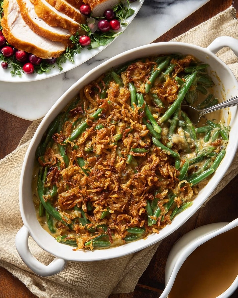 The dish is a green bean casserole served in a white oval baking dish with two handles, filled with green beans coated in a creamy sauce and topped with a golden brown crispy fried onion layer that looks crunchy and slightly uneven. Inside the casserole, the green beans are a vibrant green, visible beneath the textured topping. A silver spoon is placed on the right side inside the dish, partly submerged in the casserole. To the upper left of the dish is a white oval plate with sliced roasted turkey breast arranged in overlapping layers on a bed of green herbs, garnished with bright red cranberries. Below the casserole, there is a gravy boat filled with thick brown gravy. The setting is on a white marbled surface with a beige cloth underneath the plate. photo taken with an iphone --ar 4:5 --v 7